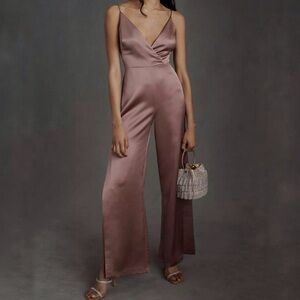 BHLDN Monique Lhuillier Bridesmaids Doutzen Mauve Satin Jumpsuit Wide Leg NWT